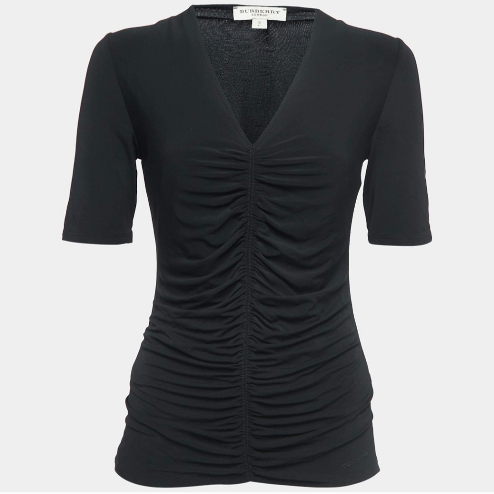 Burberry London Black Ruched Front Short Sleeve V-neck T Shirt Stretchy Top XXL